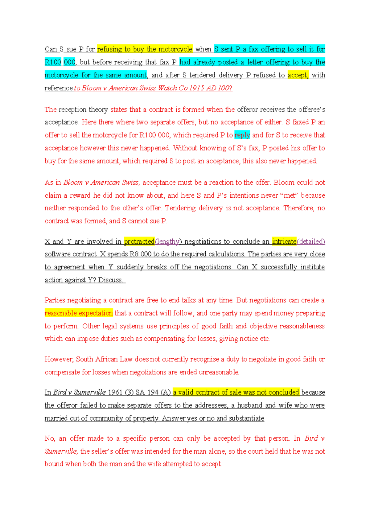 LAW 101: Contract Law Study Notes on Offer and Acceptance Principles ...