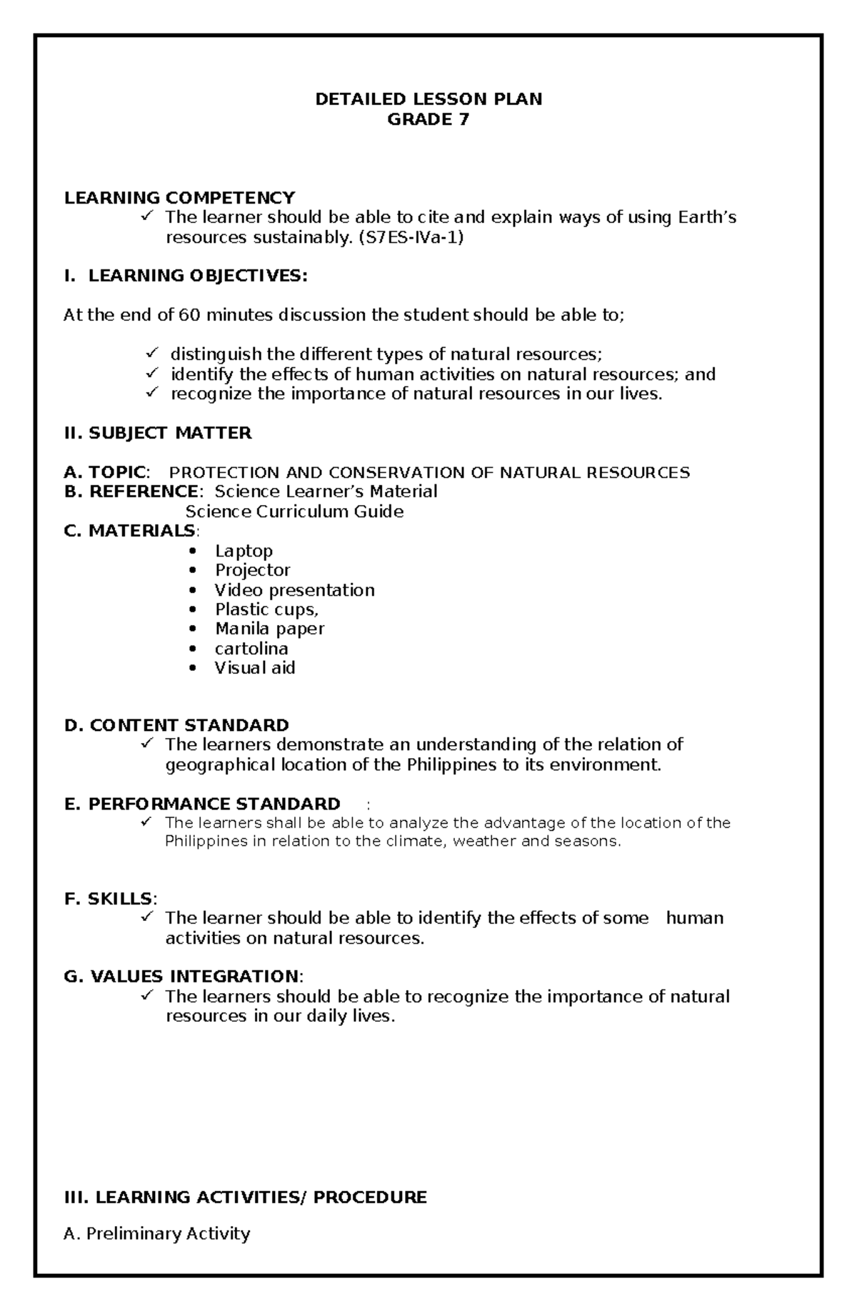 7E Lesson Plan: Protecting & Conserving Natural Resources for Grade 7 ...