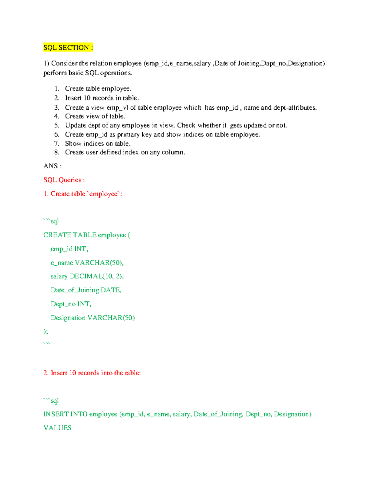 DBMS LAB CODES: SQL Basic Operations and Queries Guide - Studocu