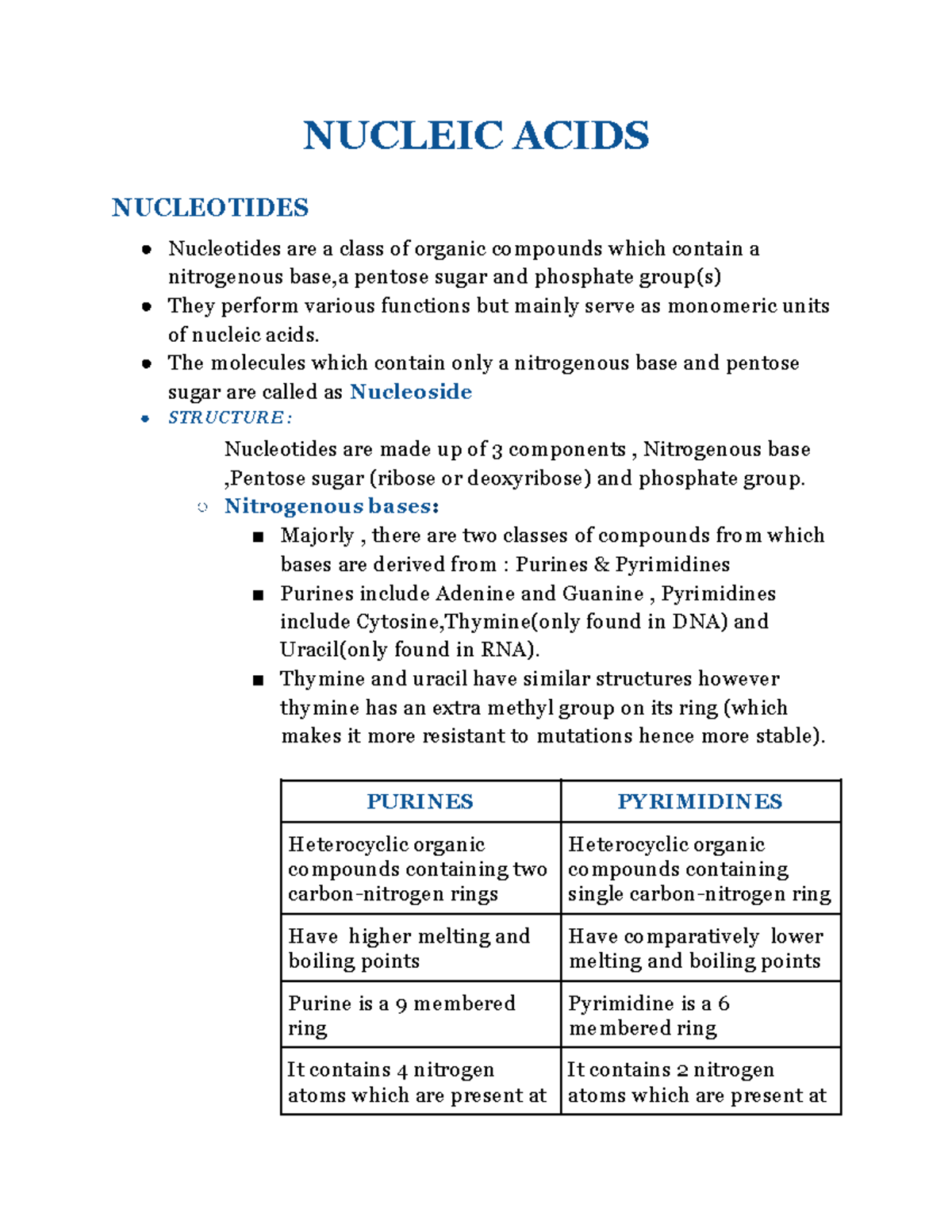 NUC 101: Nucleic Acids and Nucleotides - Unit 1 Notes - Studocu