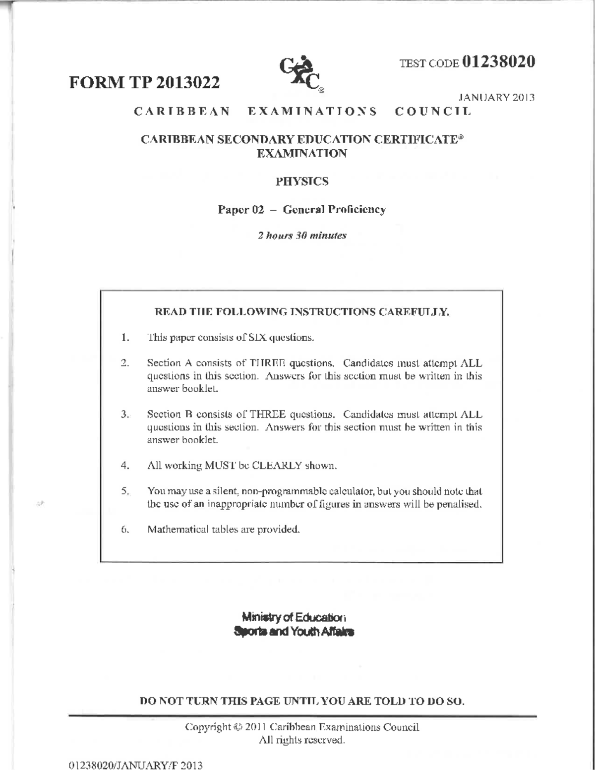 CSEC Physics Exam 01238020 - January 2013 Questions - Studocu