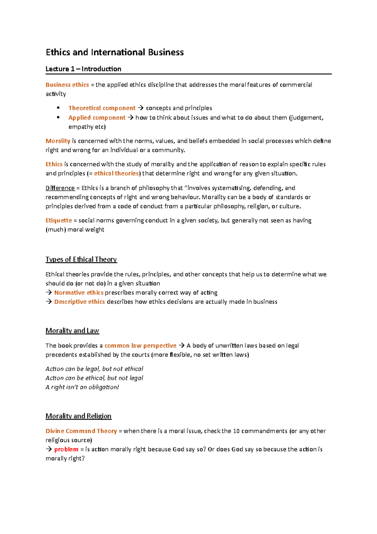 Ethics and International Business - Lecture 1 Summary Notes - Studeersnel