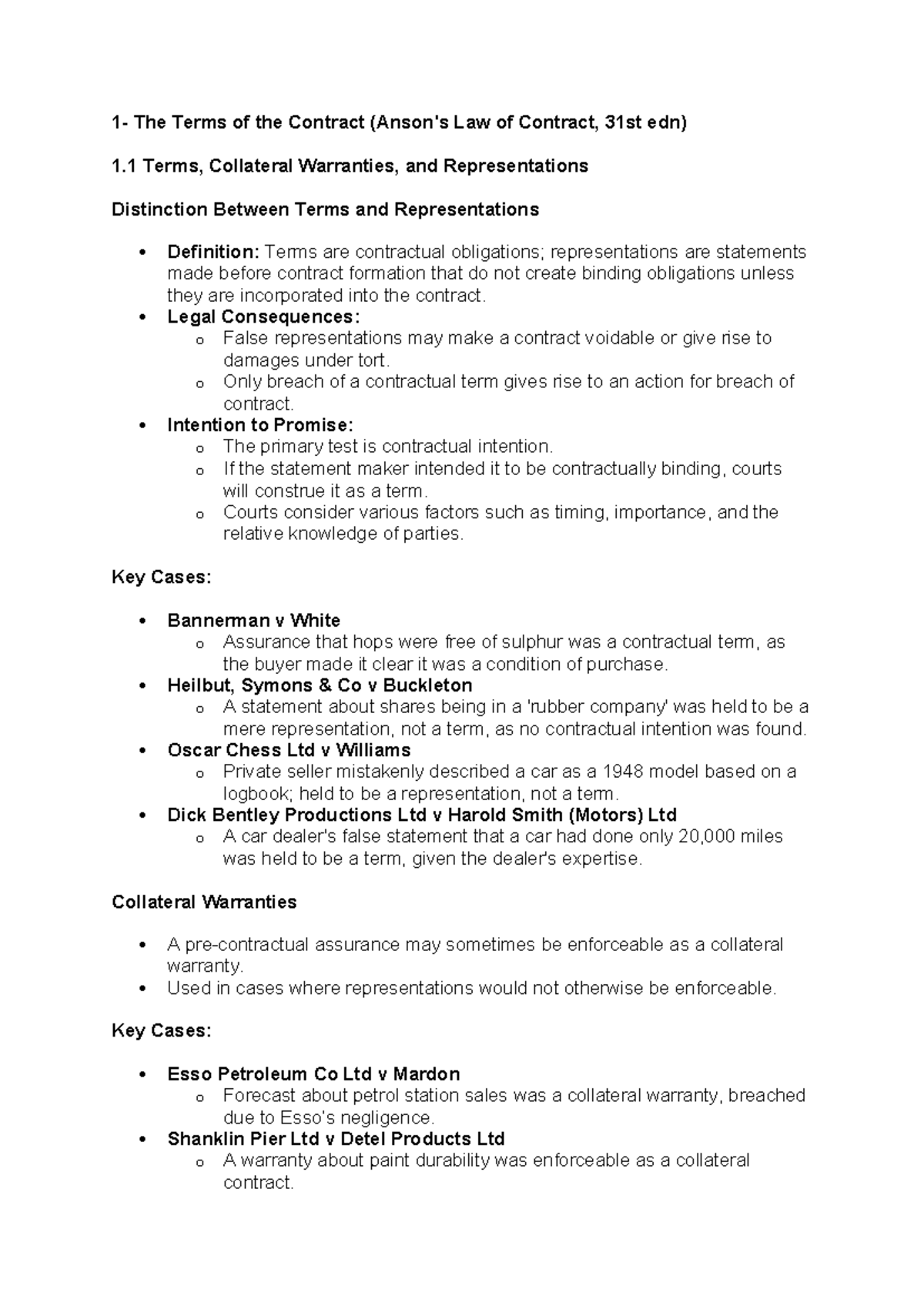 Contract Law (LAW101): Terms, Warranties, and Key Cases Overview - Studocu