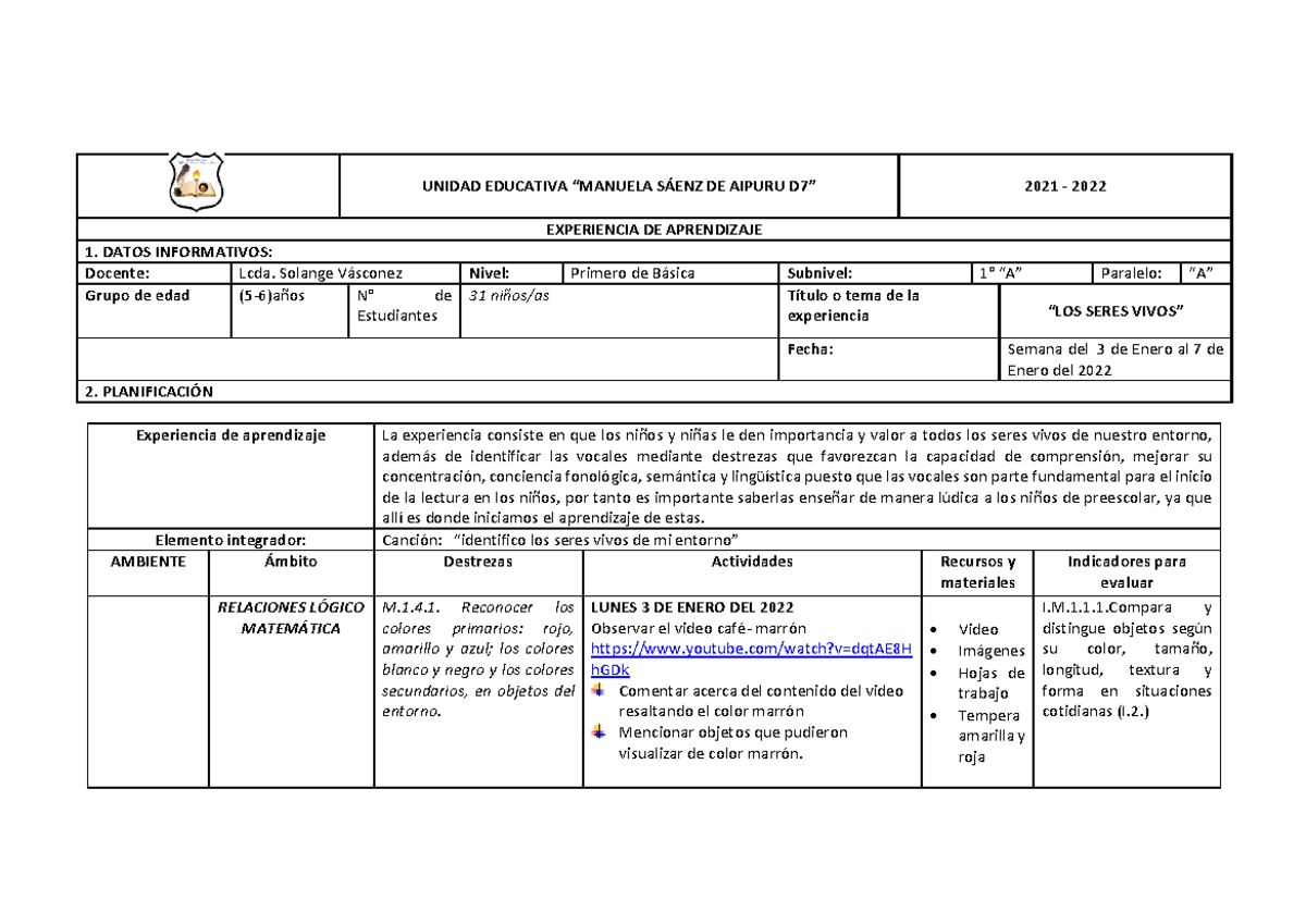 Planificación de Actividades para la Semana del 3 al 7 de Enero 2022 ...