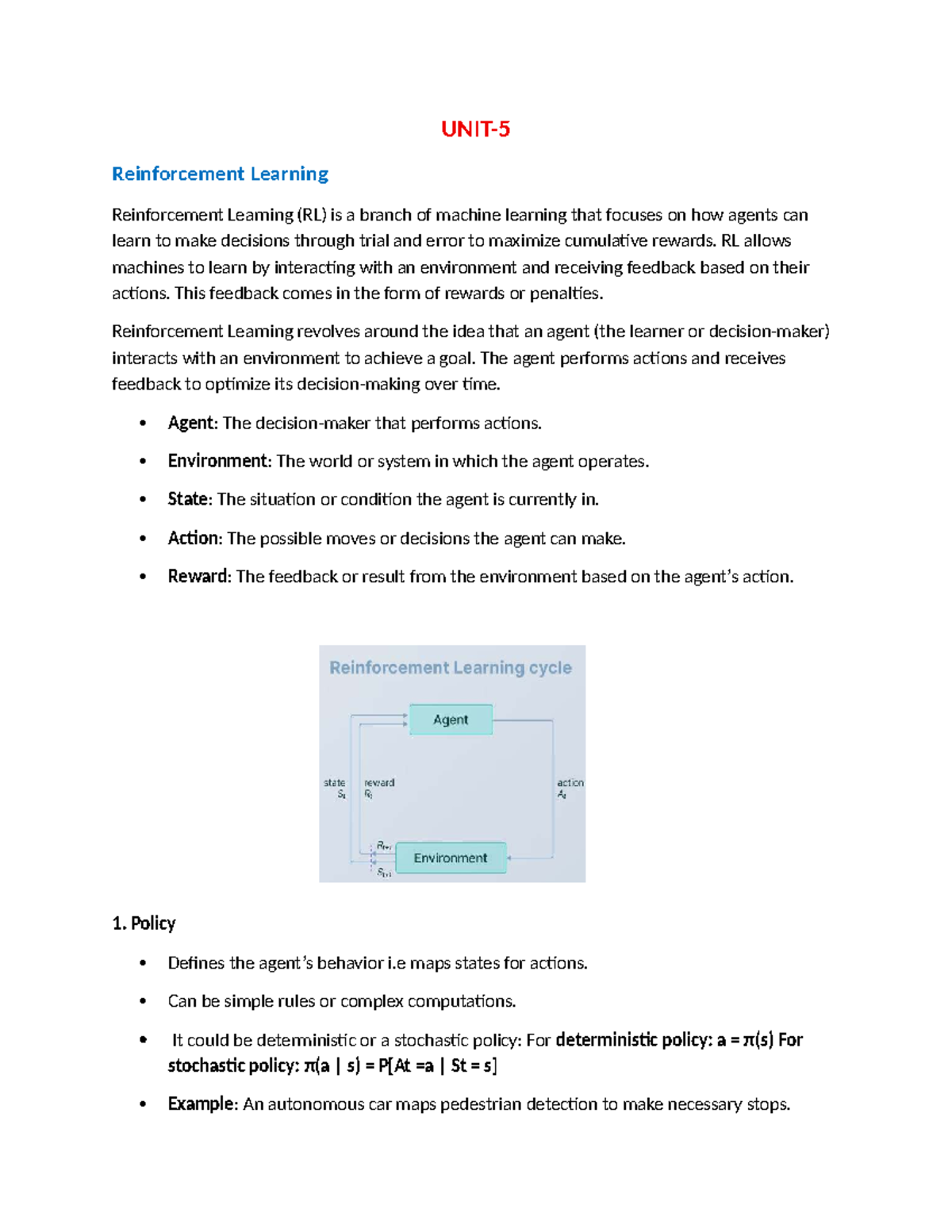 Reinforcement Learning & MCMC Methods - UNIT5(part-1) - Studocu