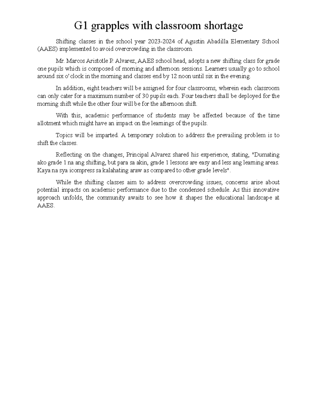 AAES G1 Shifting Classes 2023-2024: Addressing Overcrowding Issues ...