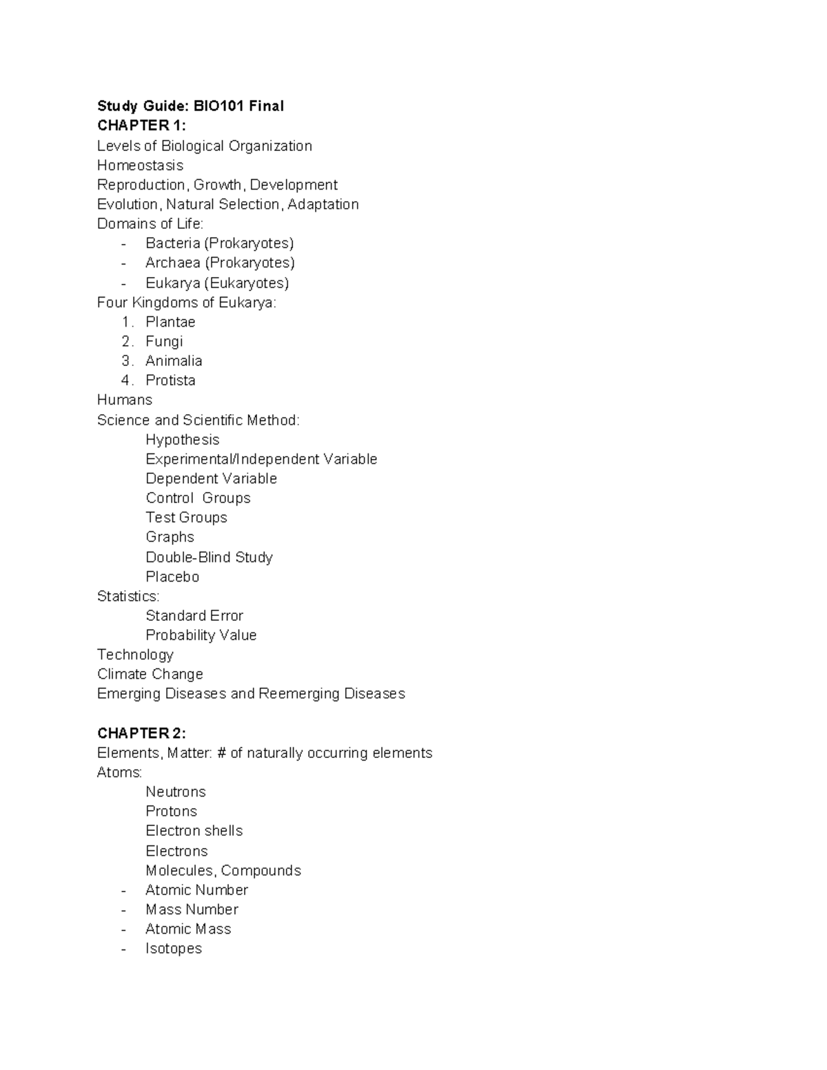 Final Exam Review Notes: BIO101 - Levels of Biological Organization and ...