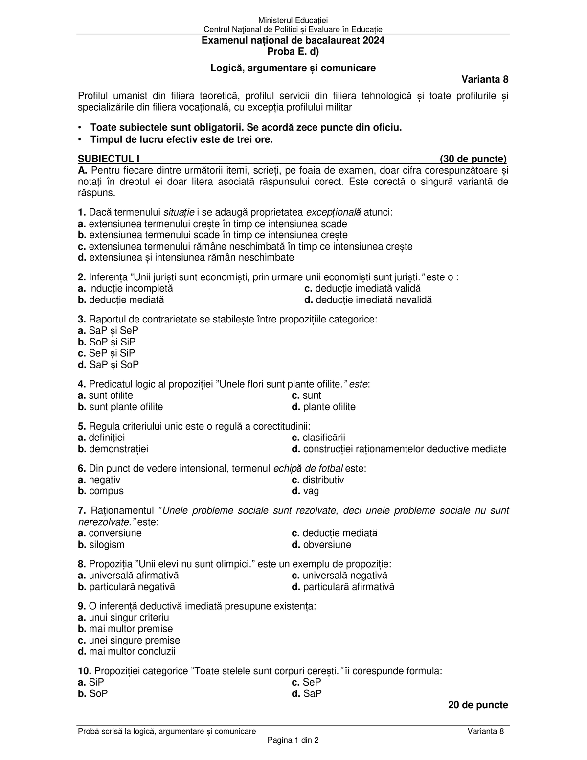 BAC 2024 Proba E d) Logica, Argumentare si Comunicare Varianta 8 - Studocu