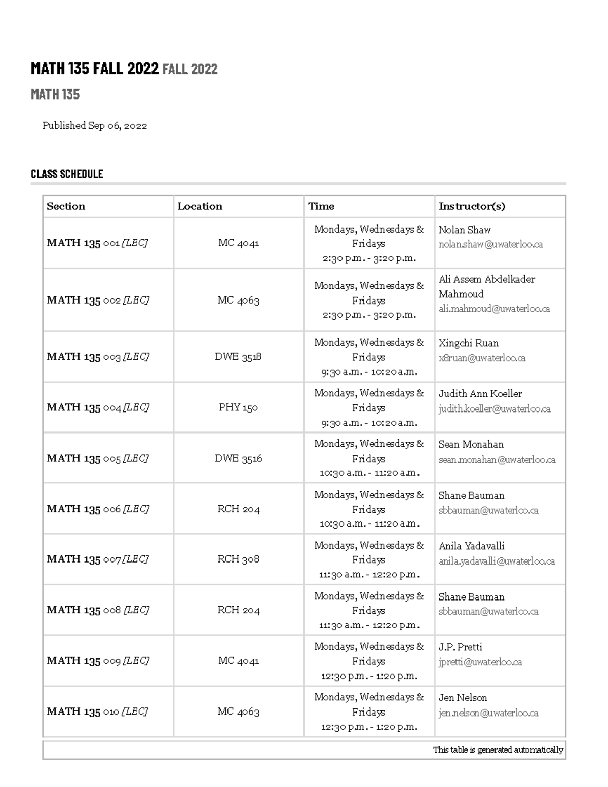 Math 135 Course Outline - Class Schedule & Description (Fall 2022 ...