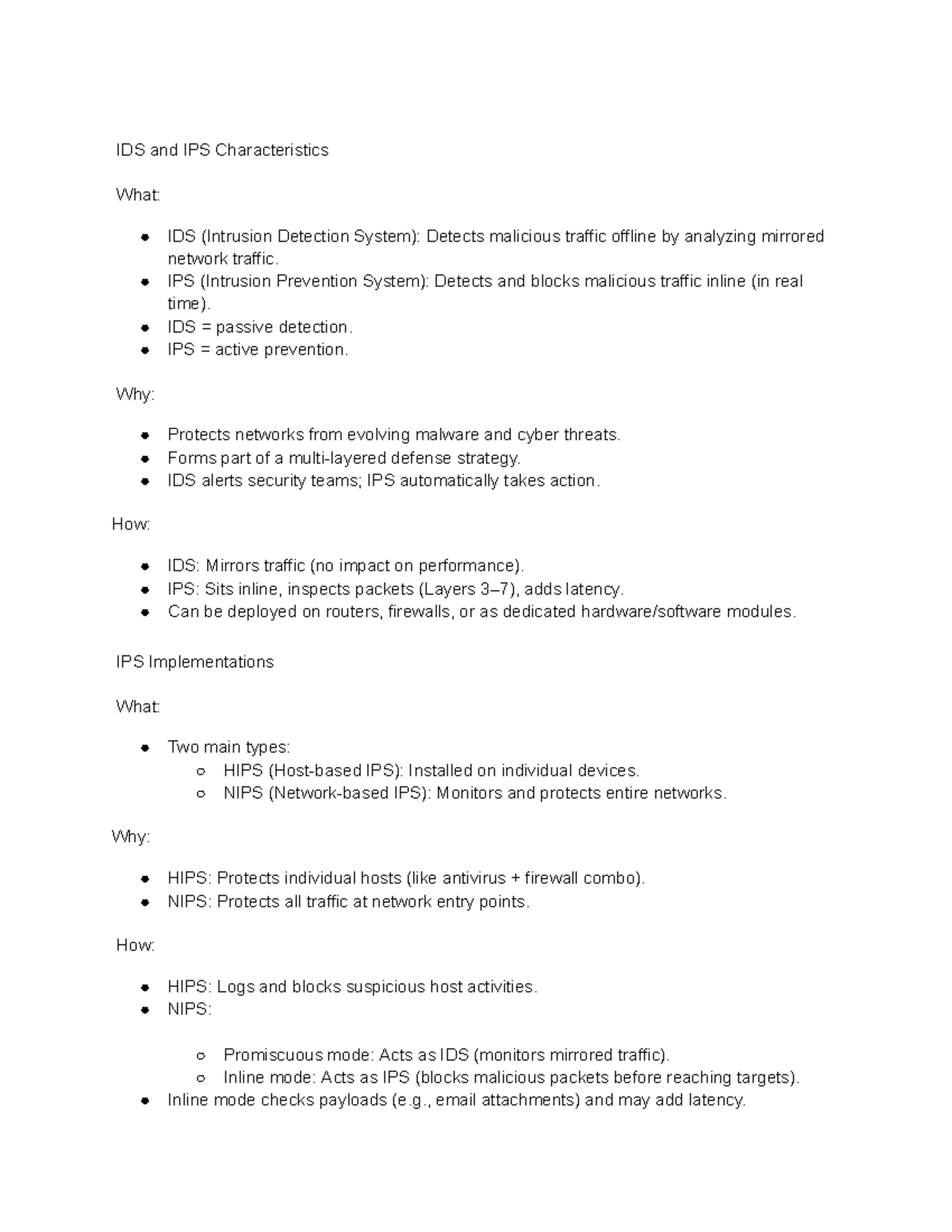 IDS and IPS Characteristics - Notes for Cybersecurity Course - Studocu