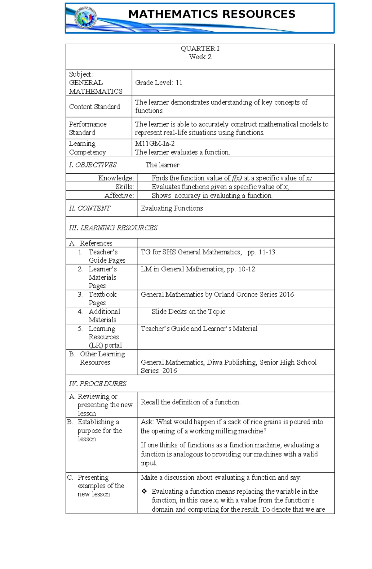MATHEMATICS RESOURCES Q1: Week 2 - Evaluating Functions for Grade 11 ...
