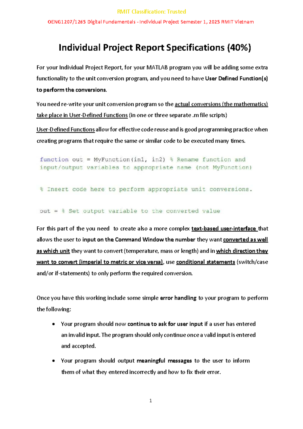 RMIT S1 2025: Individual Project Report on MATLAB Unit Conversion ...