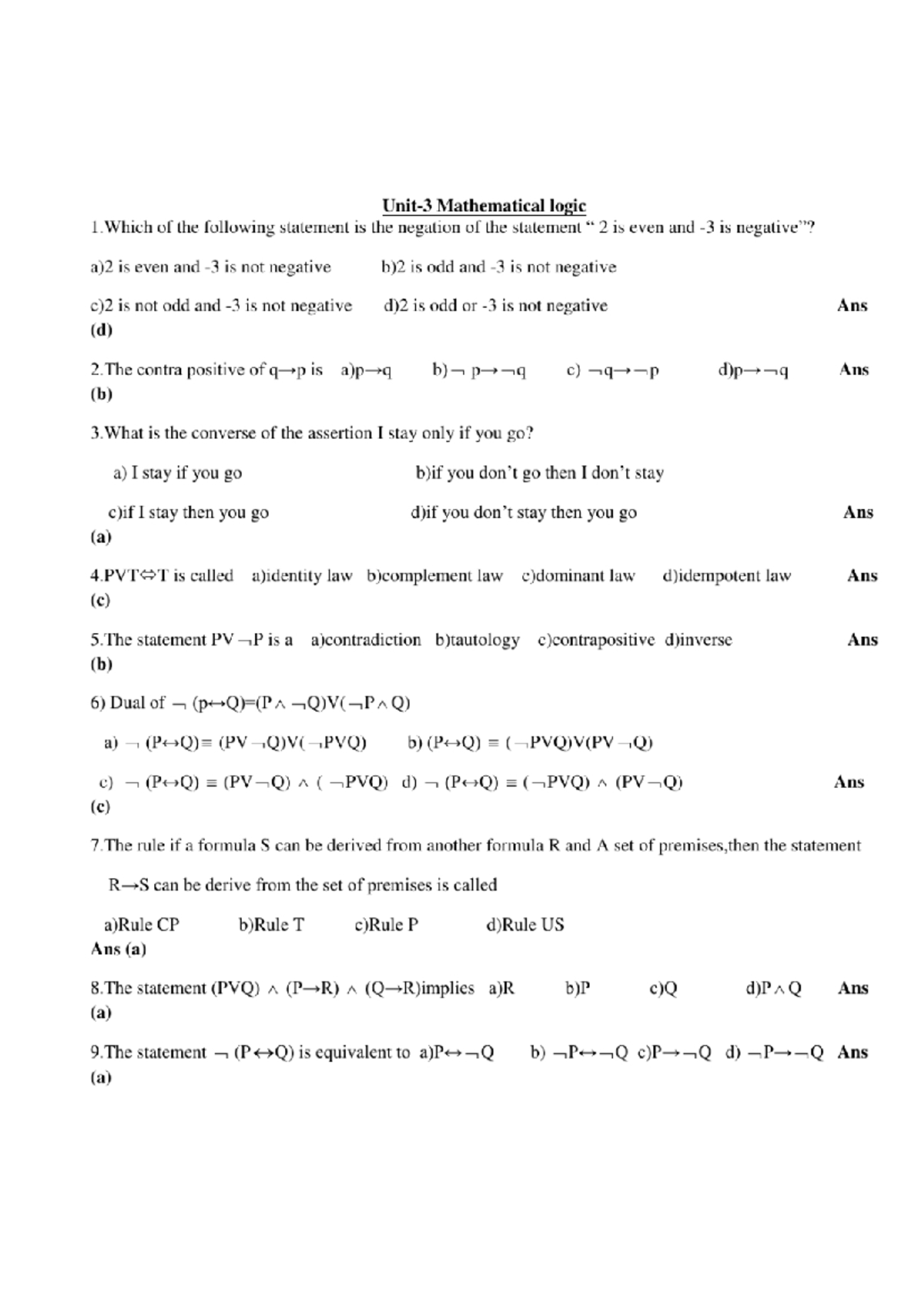 Unit3mcq - Notes - Mathematical logic 1 of the following statement is ...