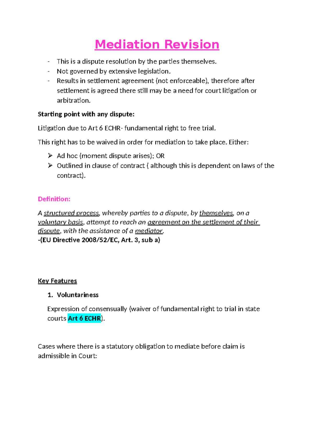 Mediation Revision Notes for Law Course (LAW 101) - Studeersnel