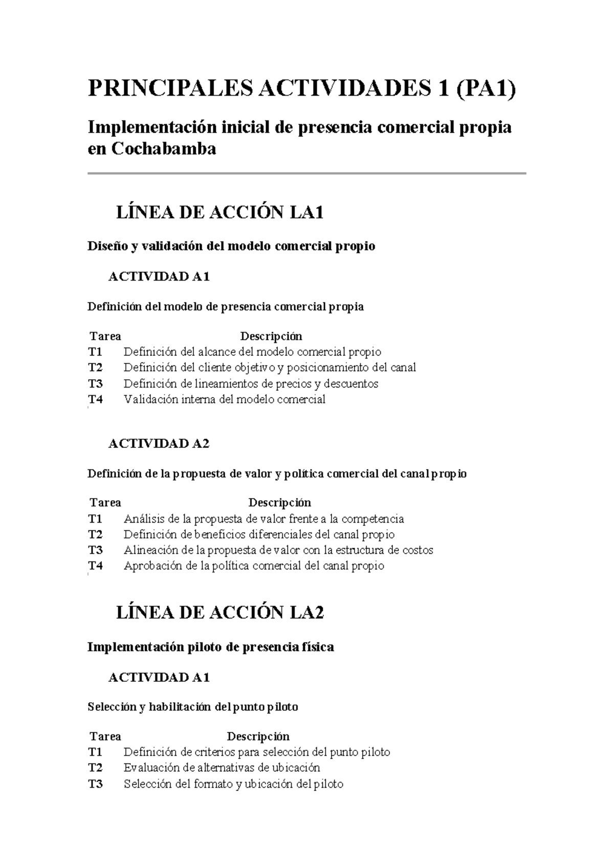 POA1 - Plan Operativo para la Implementación Comercial en Cochabamba ...