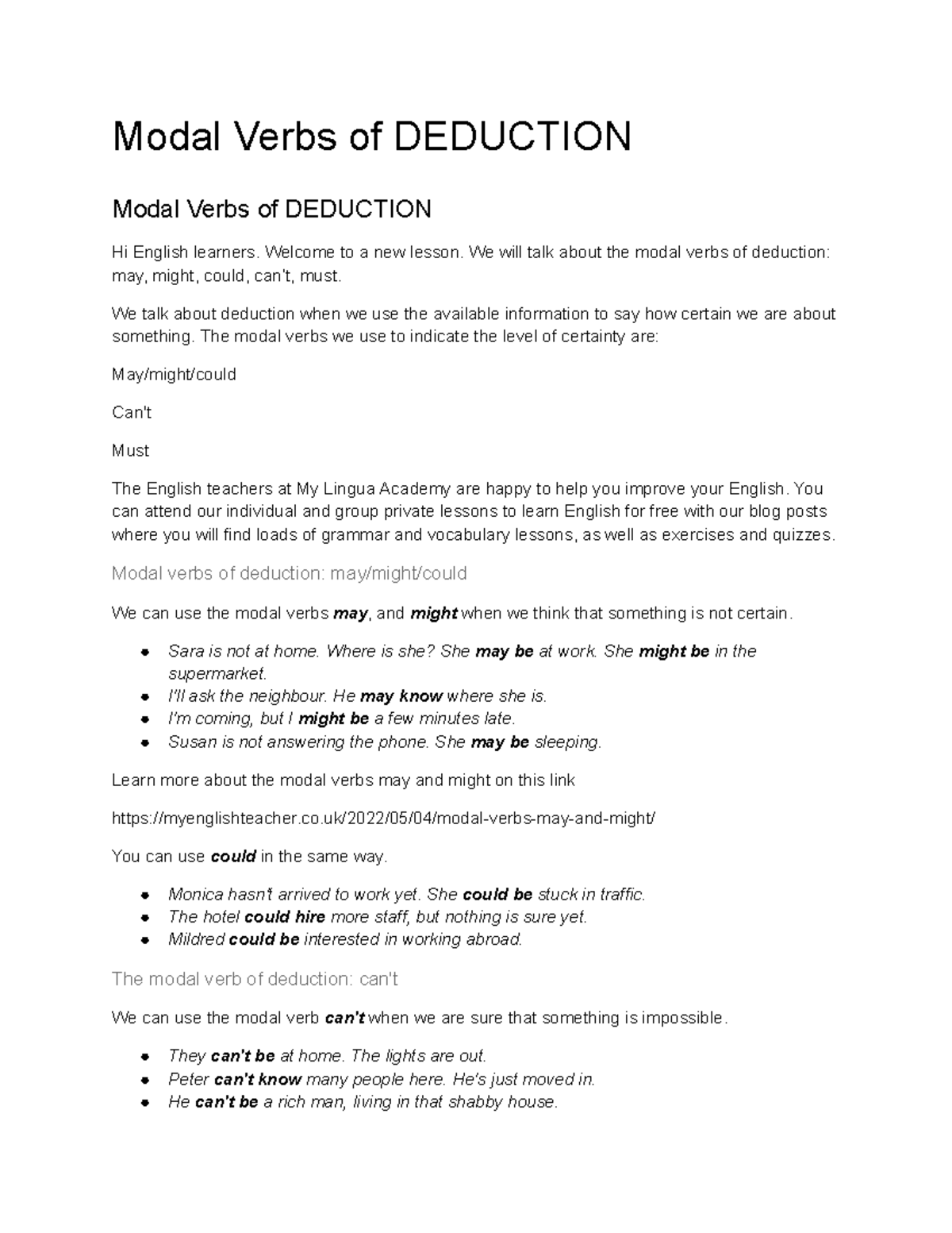 Modals of Deduction: Understanding May, Might, Could, Can't, Must - Studocu