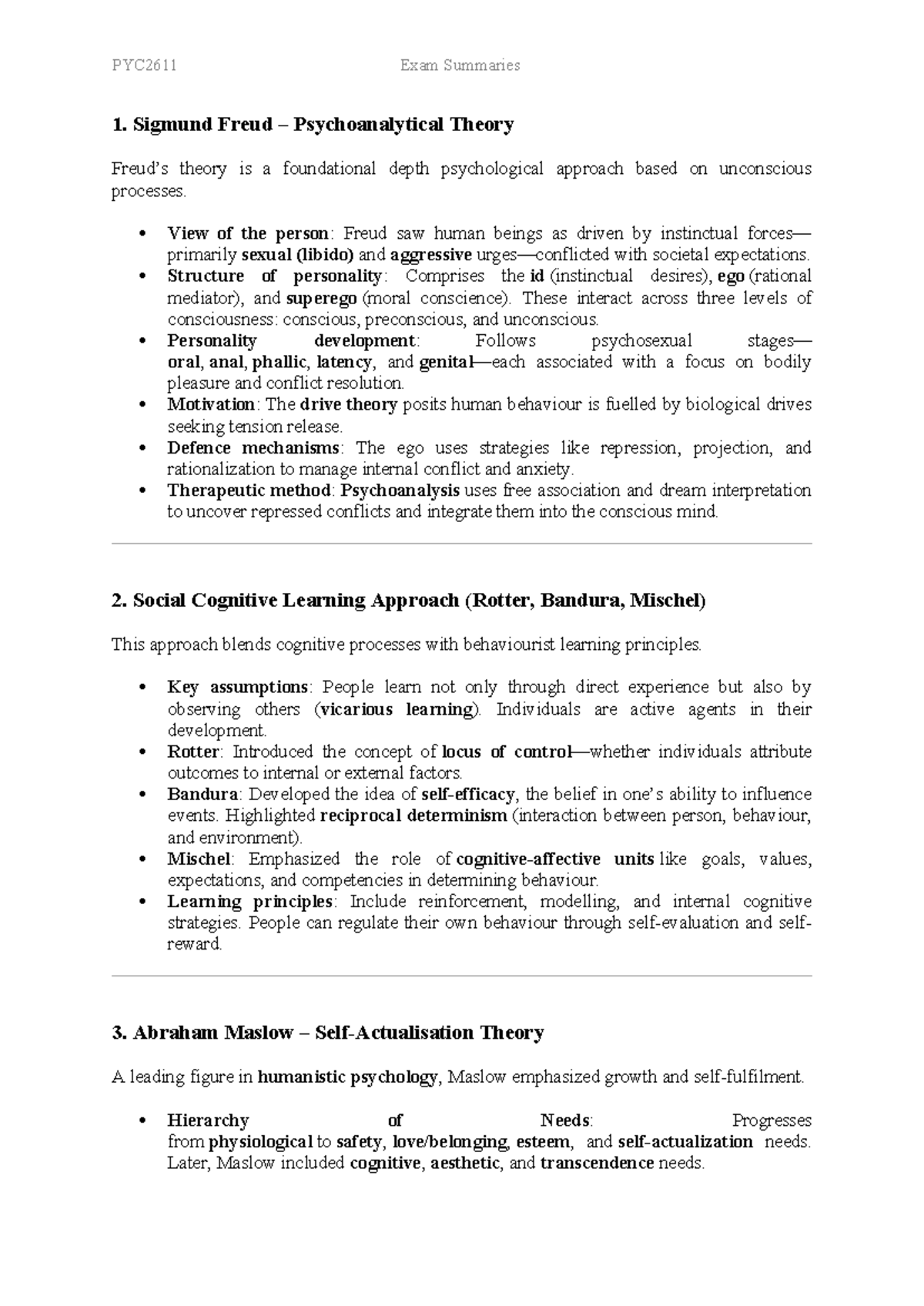 PYC2611 Exam Summaries: Key Theories in Psychology and Their ...