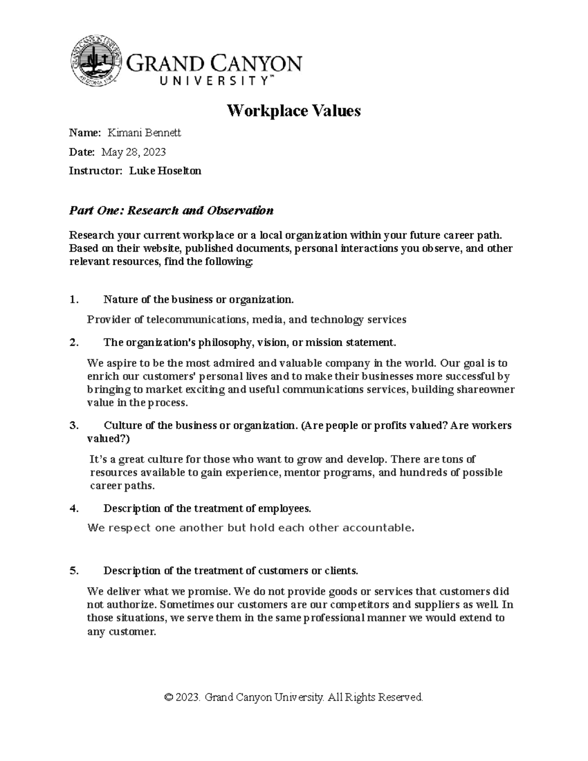 Workplace Values Analysis - Template REDO for GCU Course - Studocu
