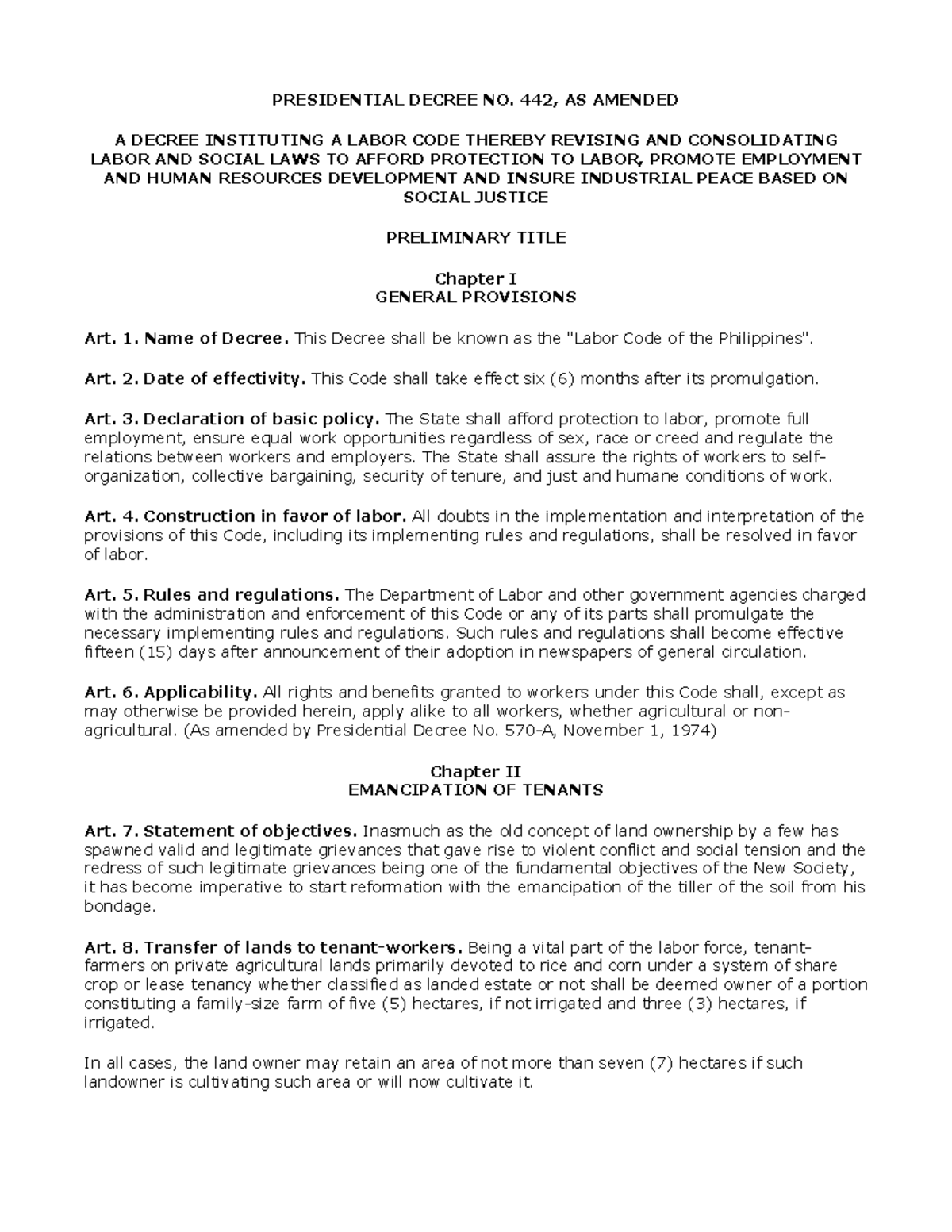Labor Code Review Notes - PD 442 Highlights and Provisions - Studocu