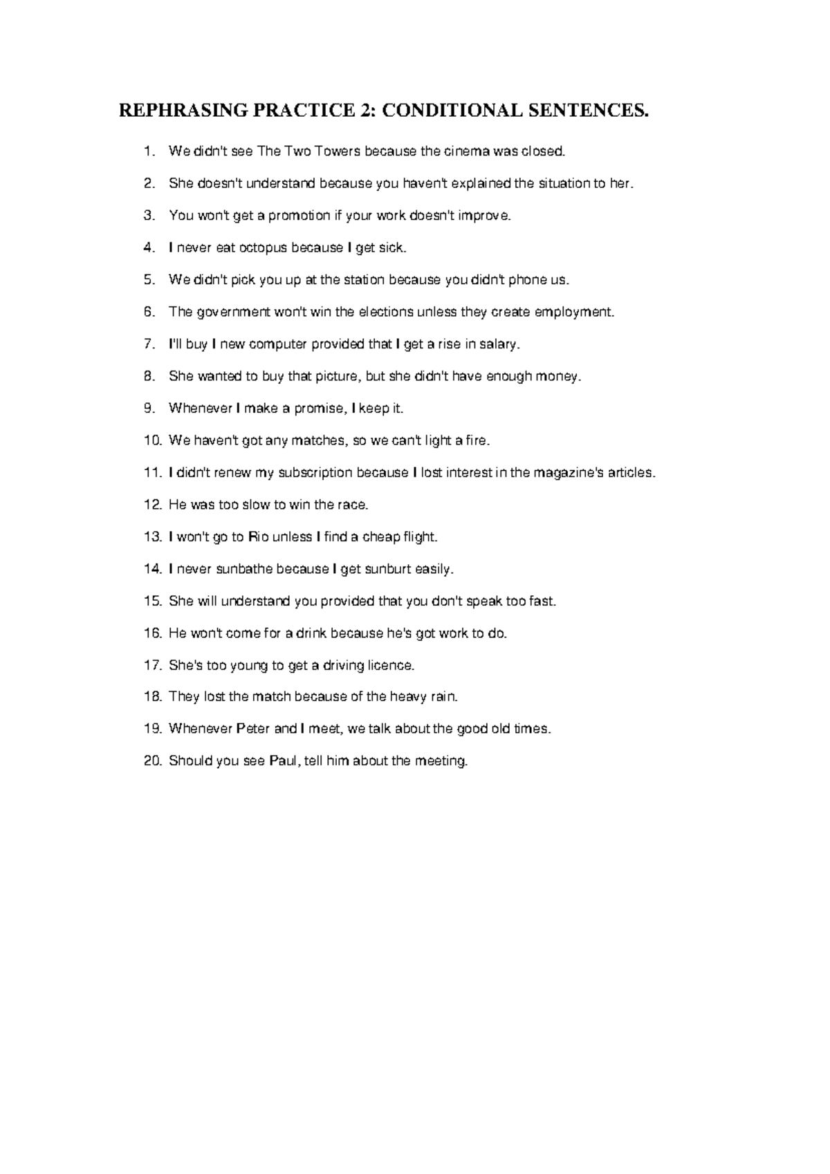 Rephrasing Practice 2: Conditional Sentences for ENG101 - Studocu