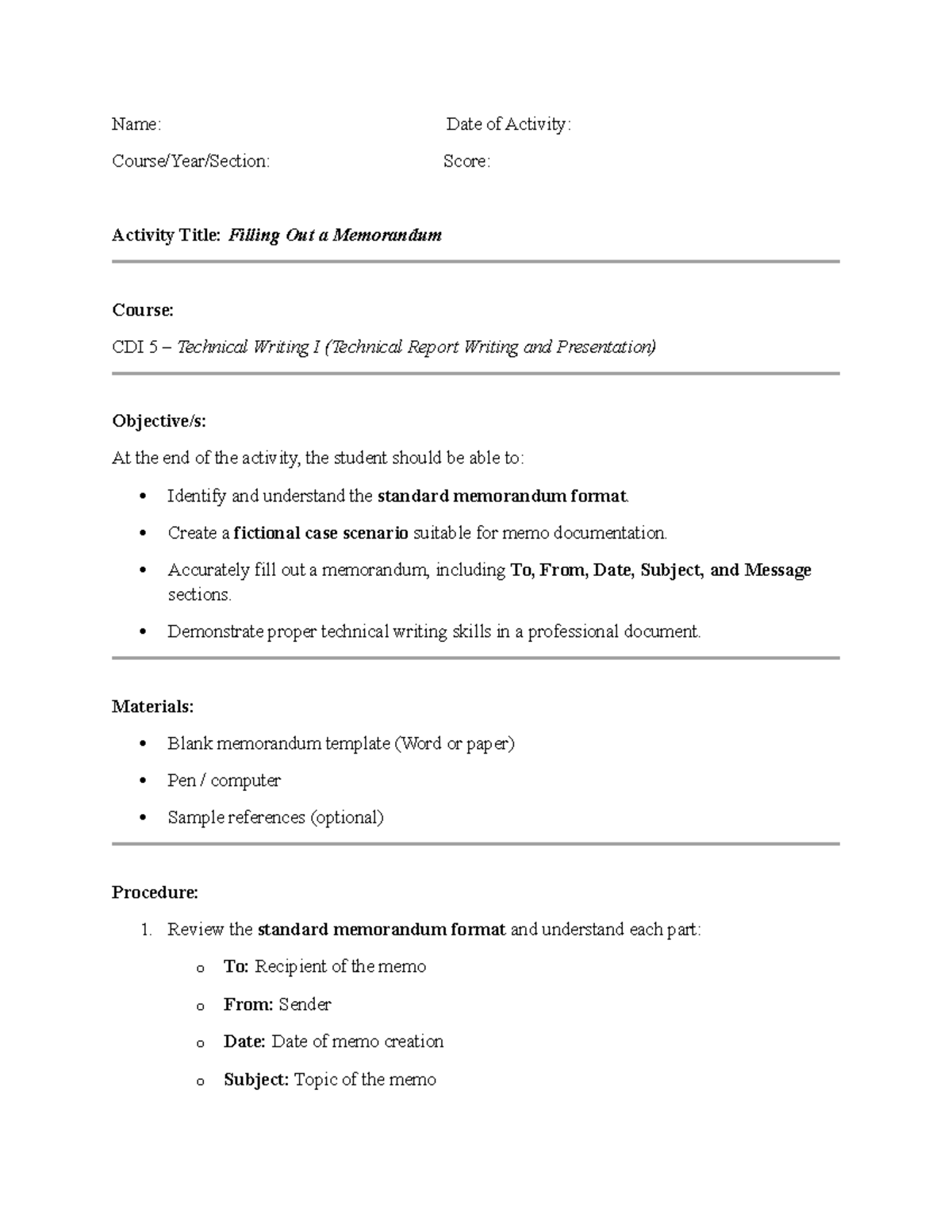 CDI 5 - Activity: Memorandum Writing Skills - Studocu