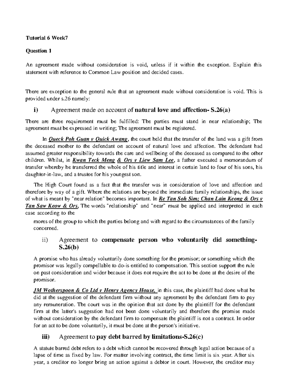 Tutorial 6 Week 7: Understanding Agreements Without Consideration in ...