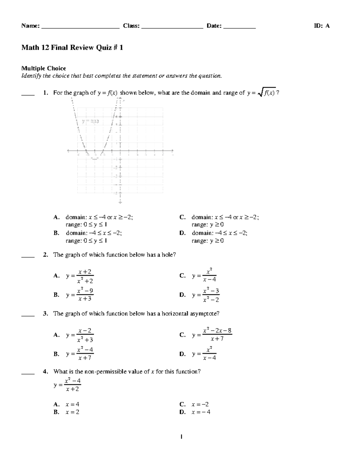 Math 12 Final Review Quiz 1: Multiple Choice Questions - Studocu
