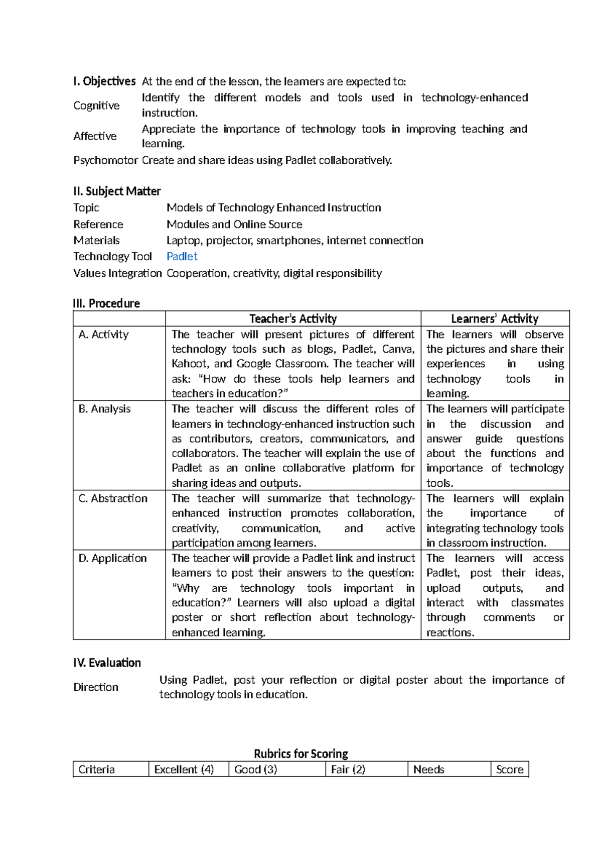 LP Models of Technology-Enhanced Instruction: Objectives & Activities ...