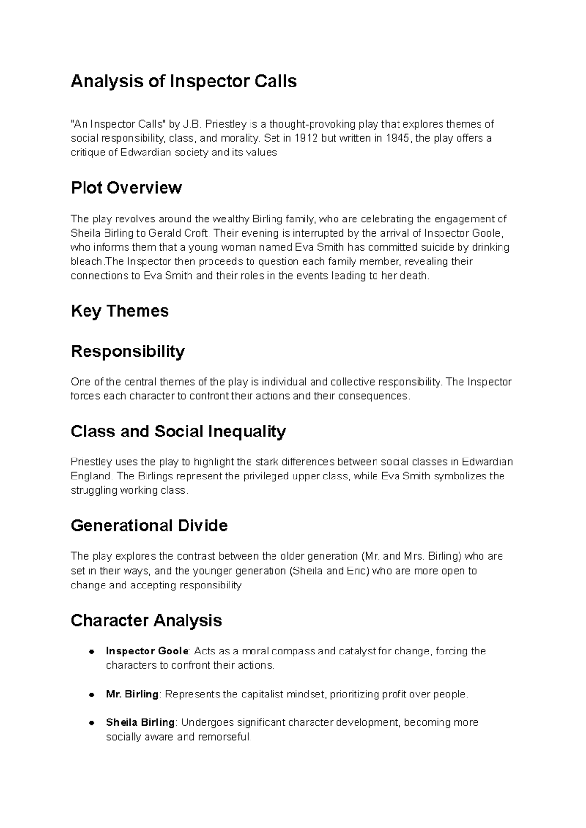Analysis of Inspector Calls - Analysis of Inspector Calls 