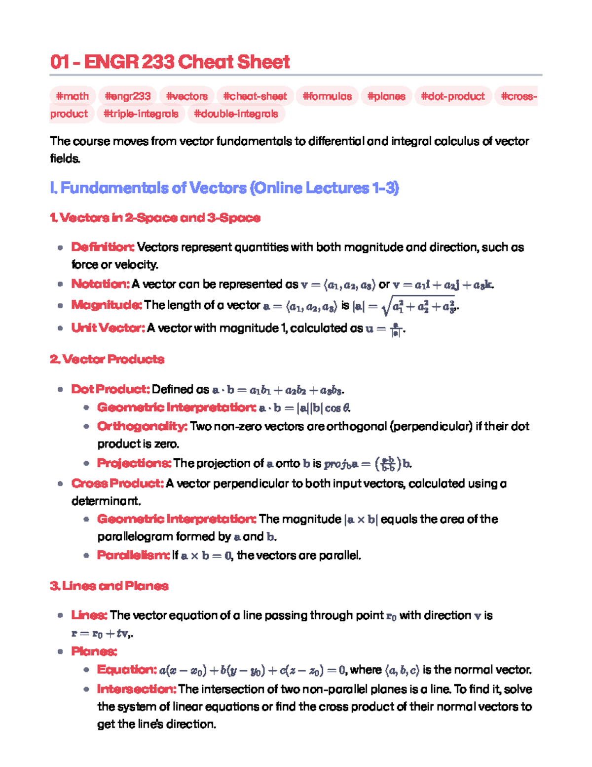 01 ENGR 233 Vector Calculus Cheat Sheet: Key Concepts & Formulas - Studocu