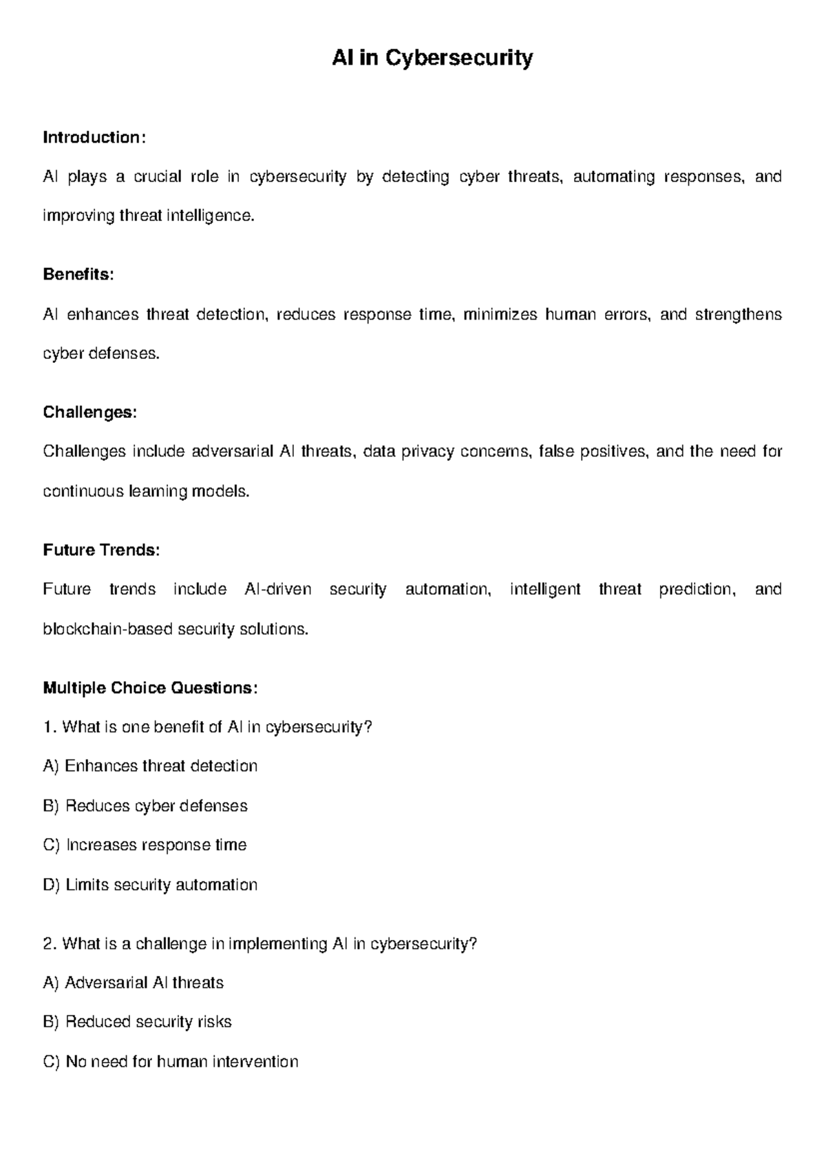 AI in Cybersecurity - Study Notes on Benefits & Challenges - Studocu
