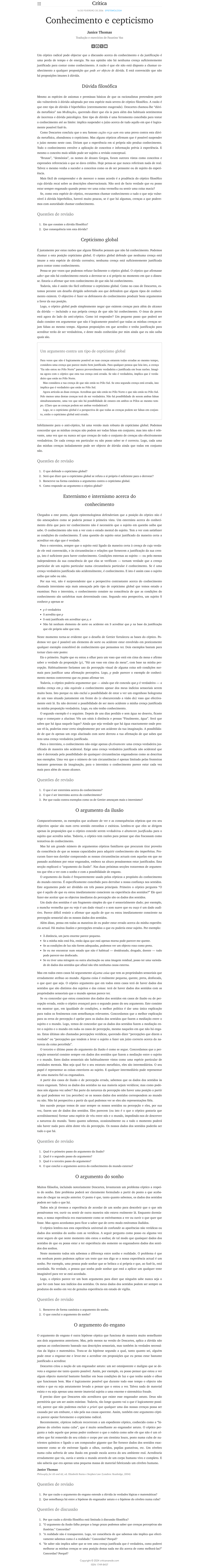 Conhecimento e Cepticismo: Crítica e Análise Filosófica (EPISTEMOLOGIA ...