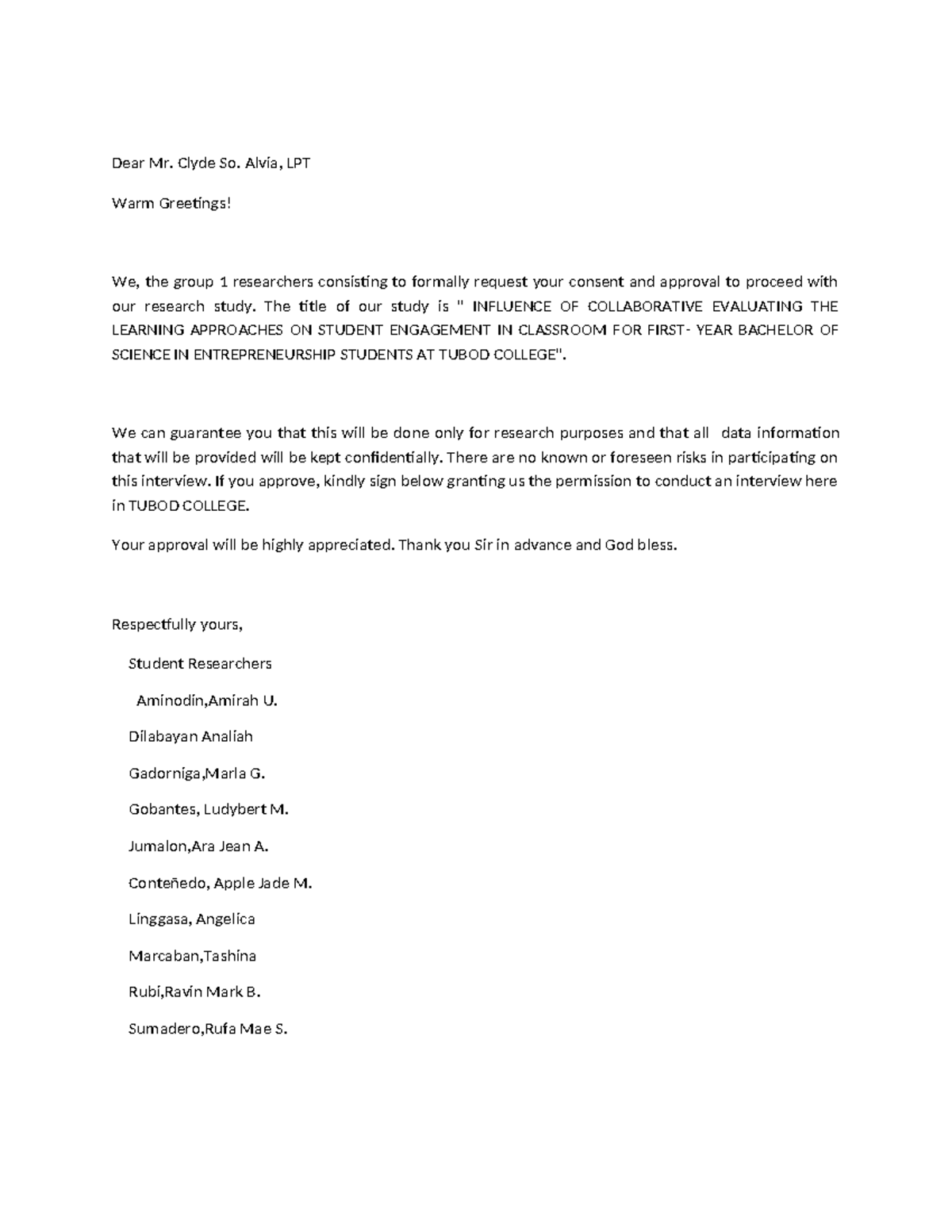 Consent Letter for Research Study on Student Engagement in B.S ...