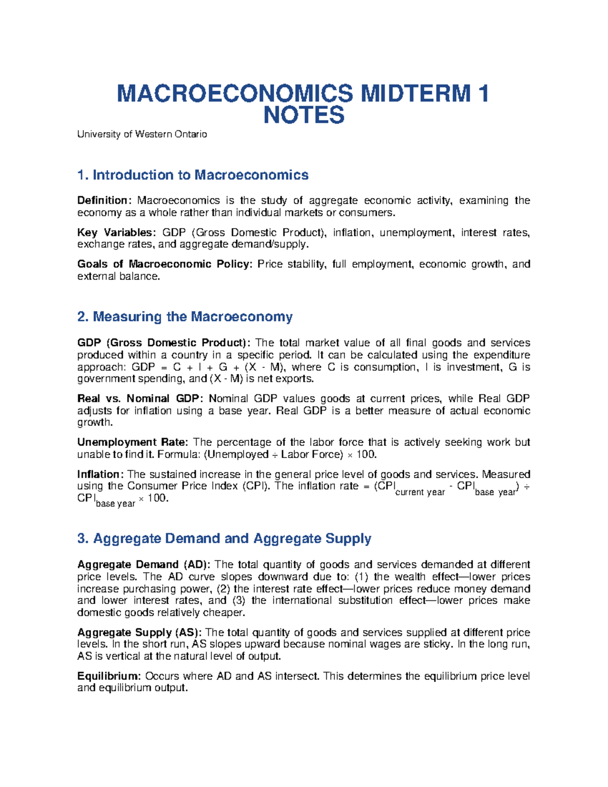 MACROECONOMICS MIDTERM 1 STUDY NOTES - UWO - Studocu