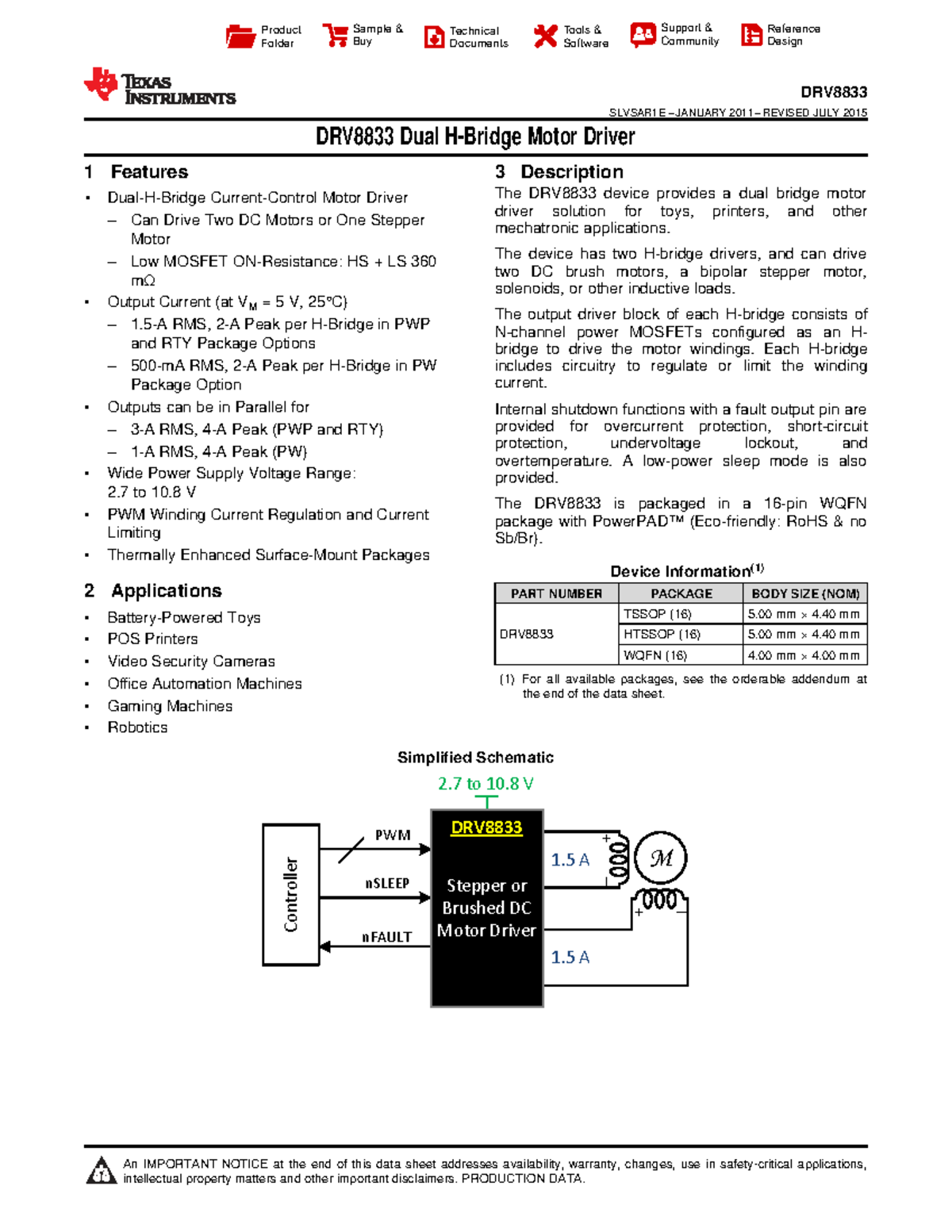 DRV8833 Motor Driver Technical Reference Guide - Studocu