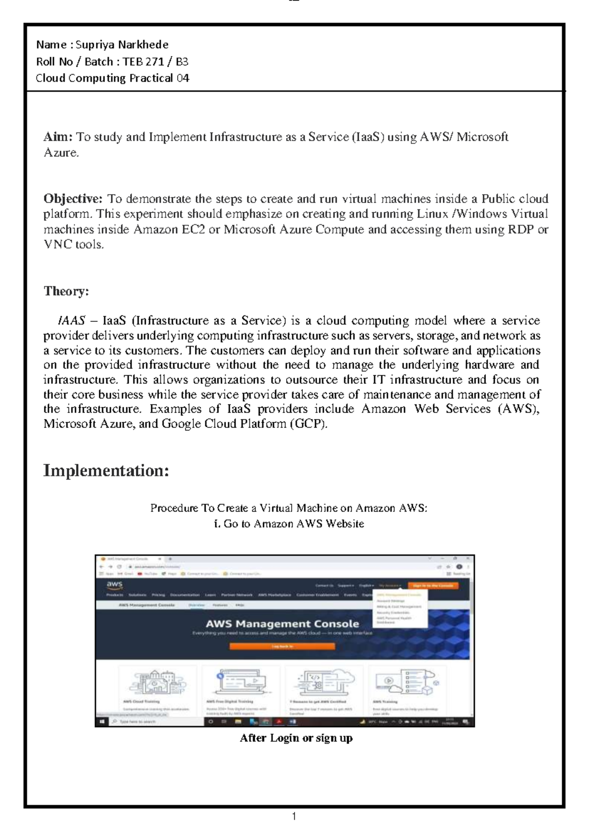 Cloud Computing Practical 04: IaaS Implementation on AWS & Azure - Studocu