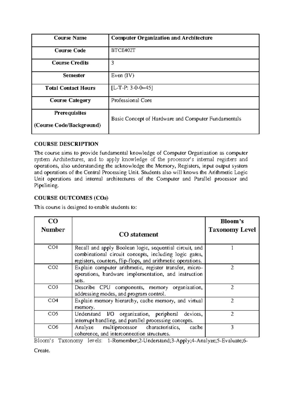Computer Organization and Architecture Course Notes BTCE402T - Studocu