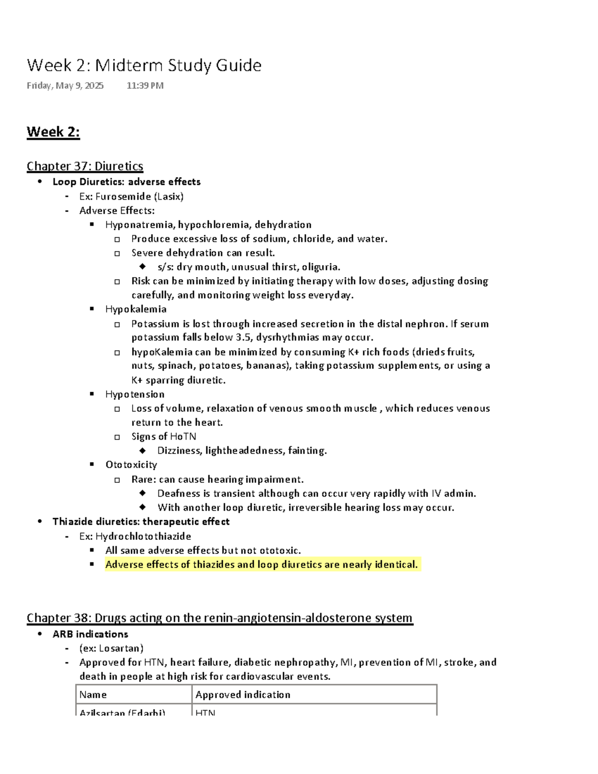 NR565 Week 2 Midterm Study Guide: Diuretics, Hypertension, and Heart ...