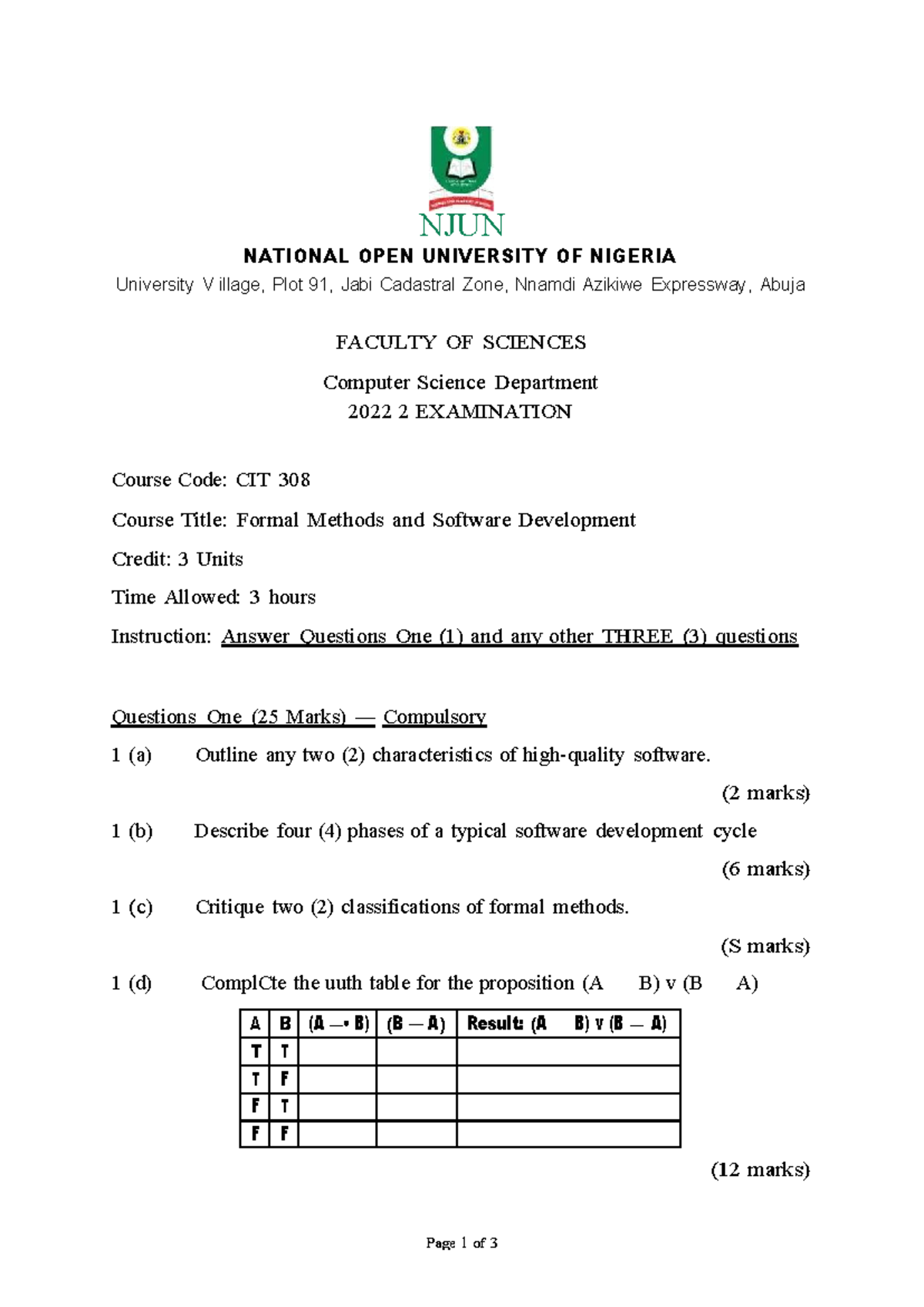 CIT 308 2022 2 - Formal Methods & Software Development Exam Past ...