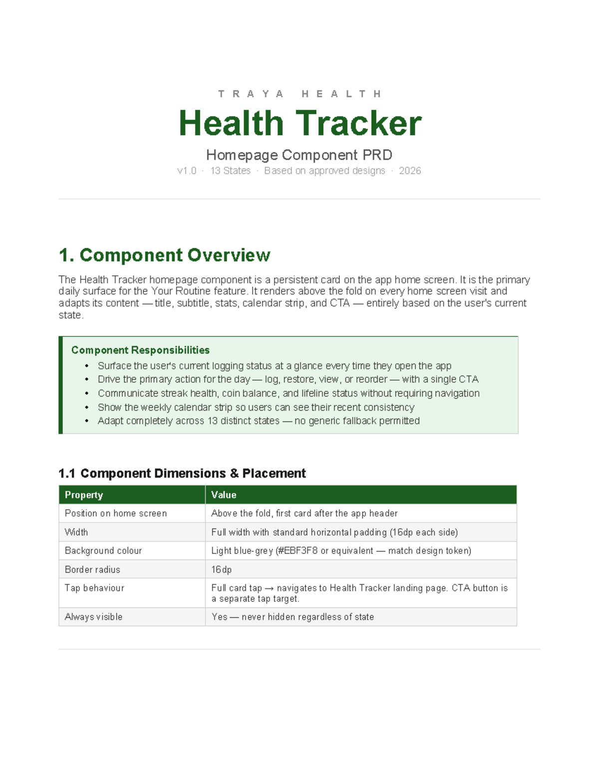 Homepage Component PRD v1.0 for Health Tracker (13 States) - Studocu