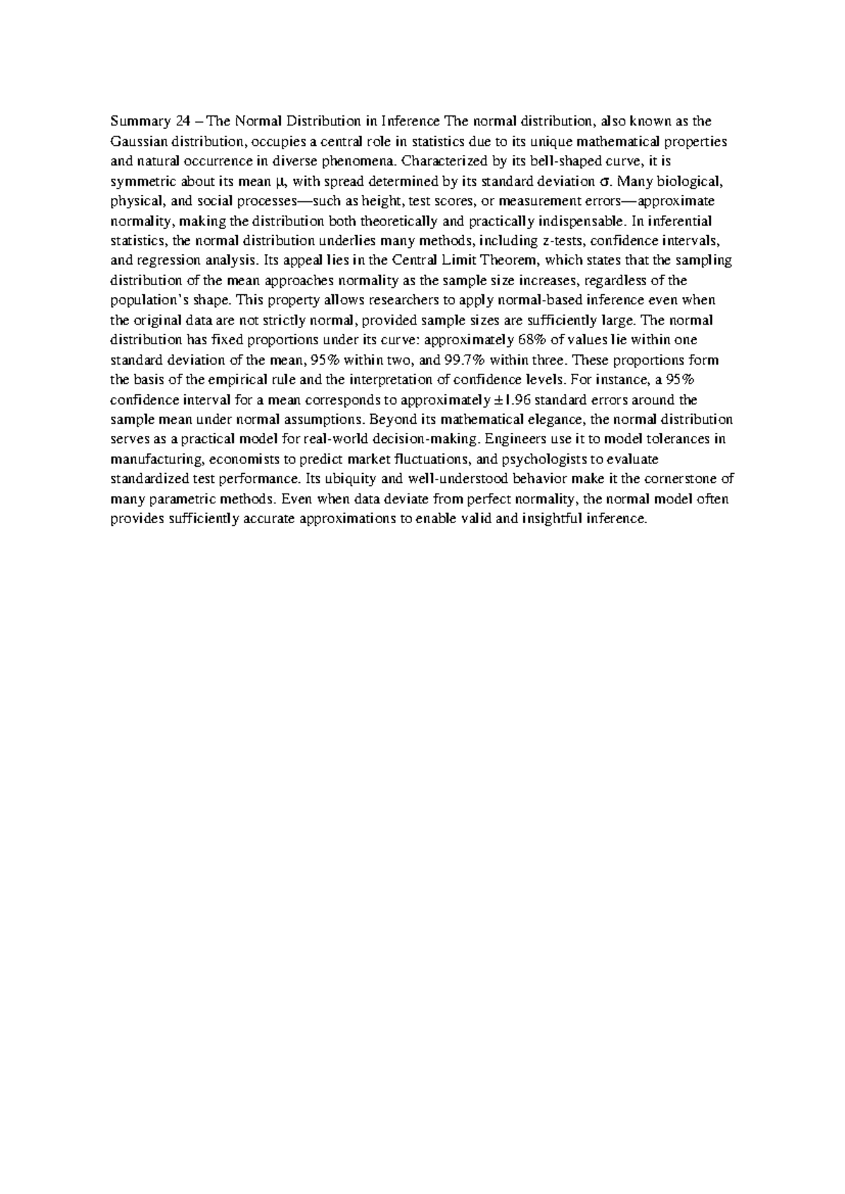Summary 24: The Role of Normal Distribution in Inference - Studocu