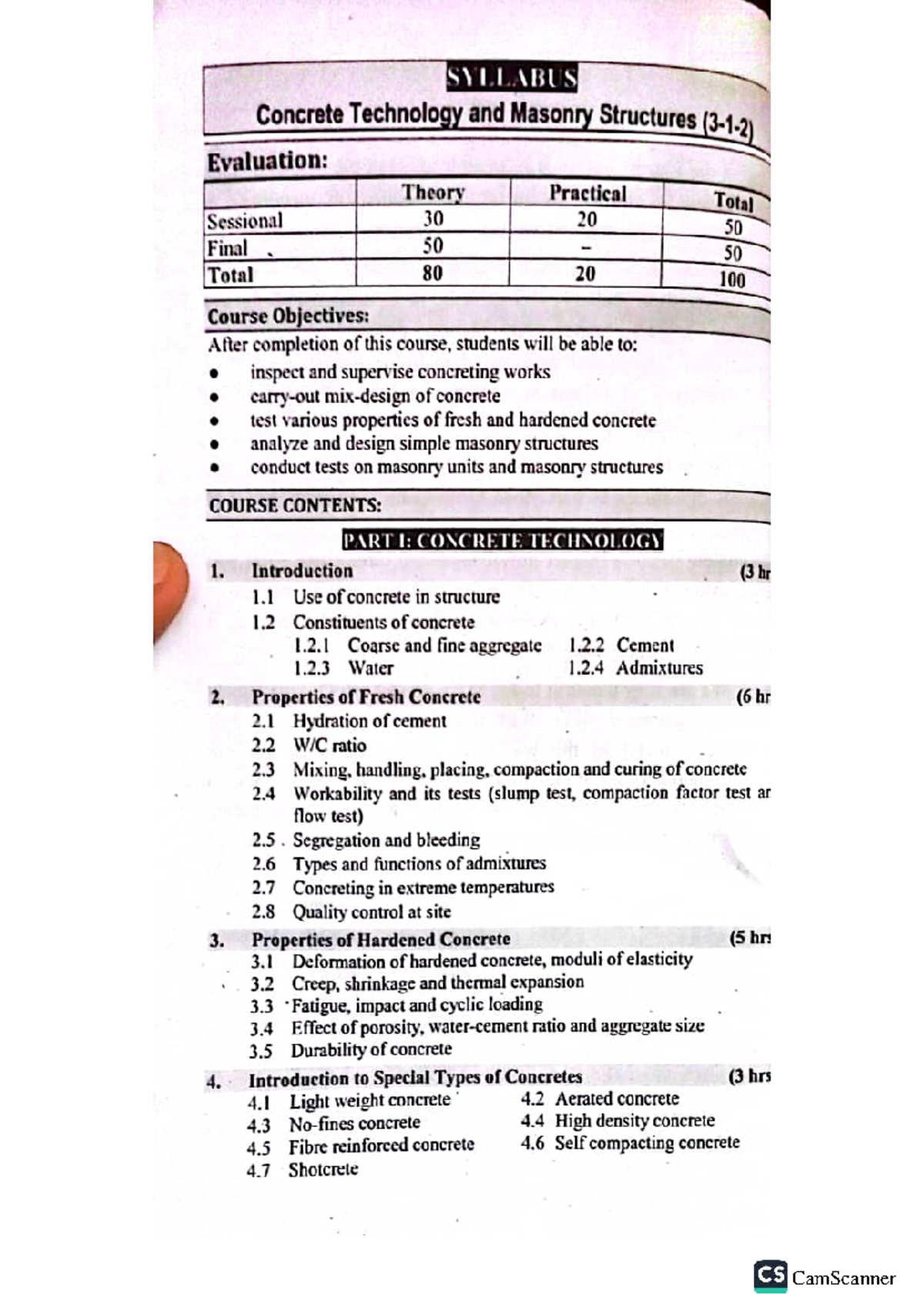 SYLLABUS: Concrete Technology and Masonry Structures (CS) - Studocu