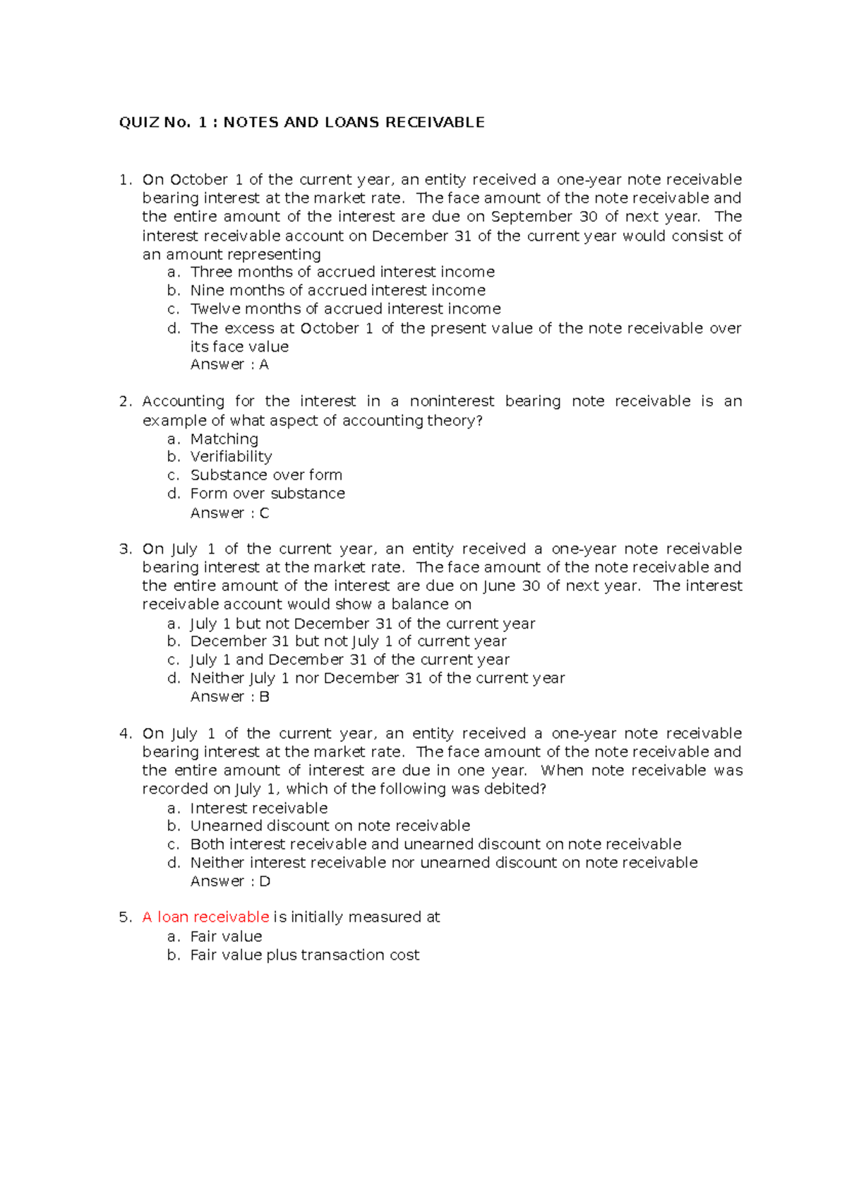 Quiz No. 1: Notes and Loans Receivable Test Bank Review - Studocu