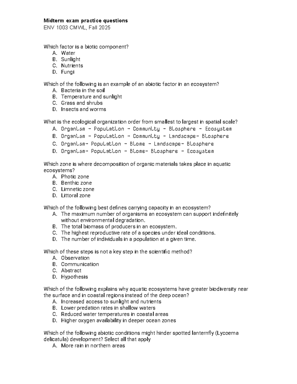 Midterm Exam Practice Questions for ENV 1003 CMWL, Fall 2025 - Studocu