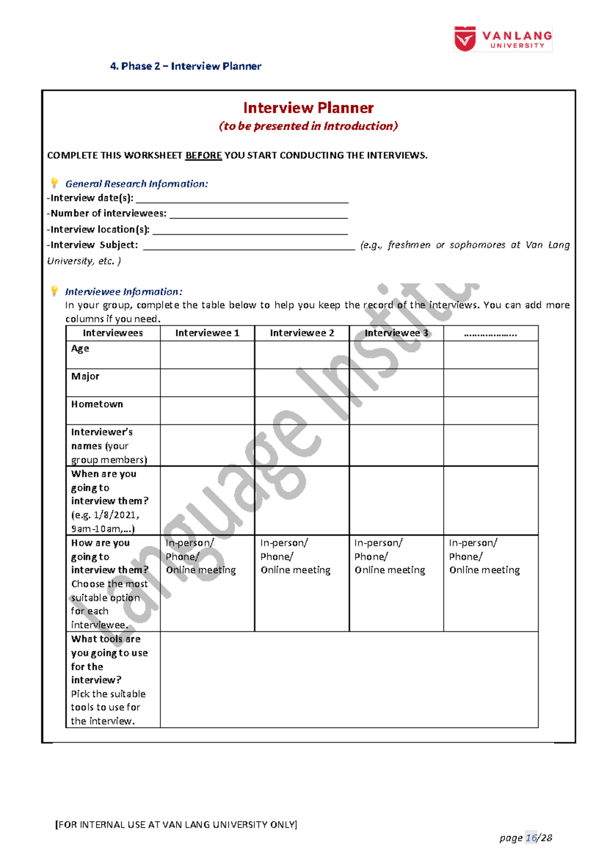 Phase 2 - Interview Planner for Research at Van Lang University - Studocu