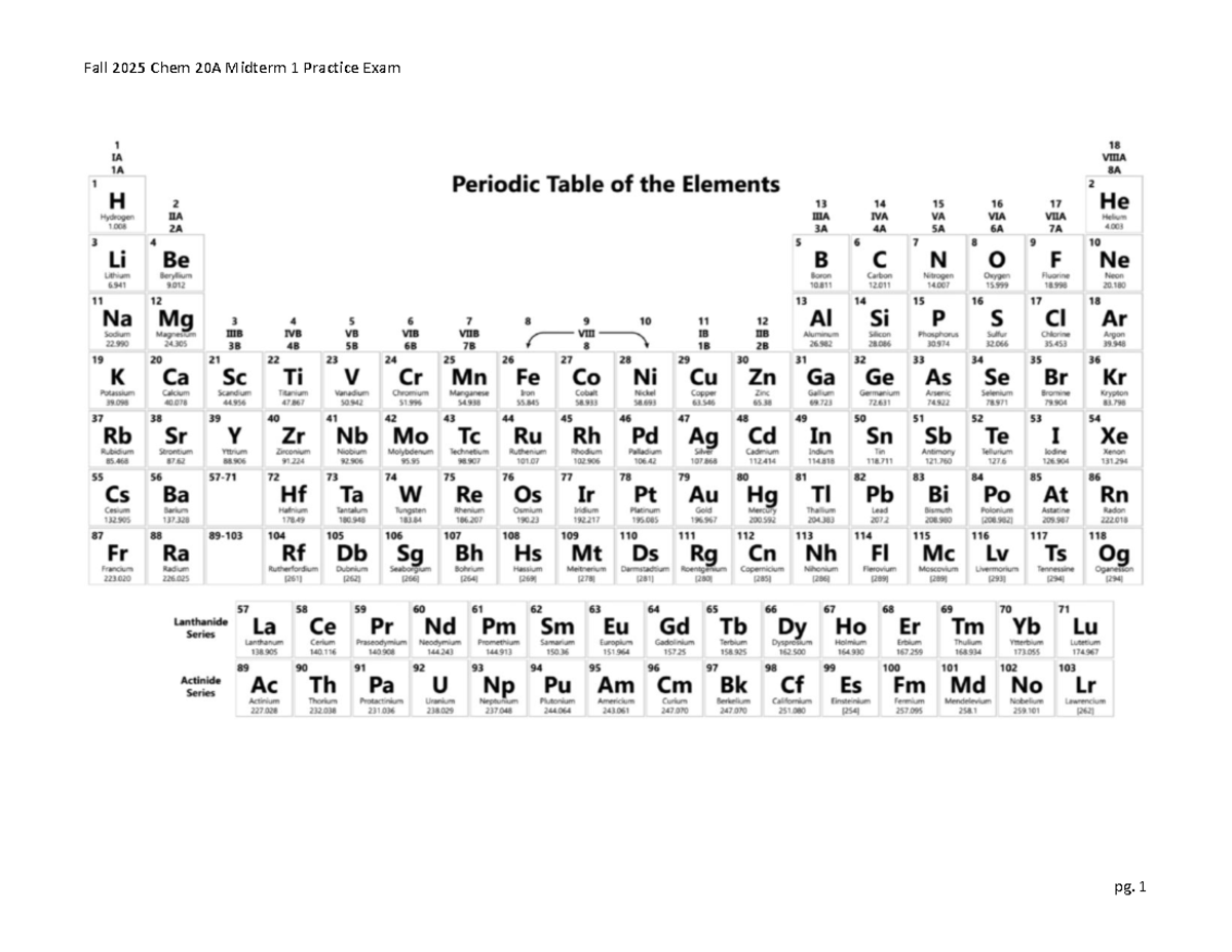 Fall 2025 Chem 20A Midterm 1 Practice Exam & Equation Sheet - Studocu