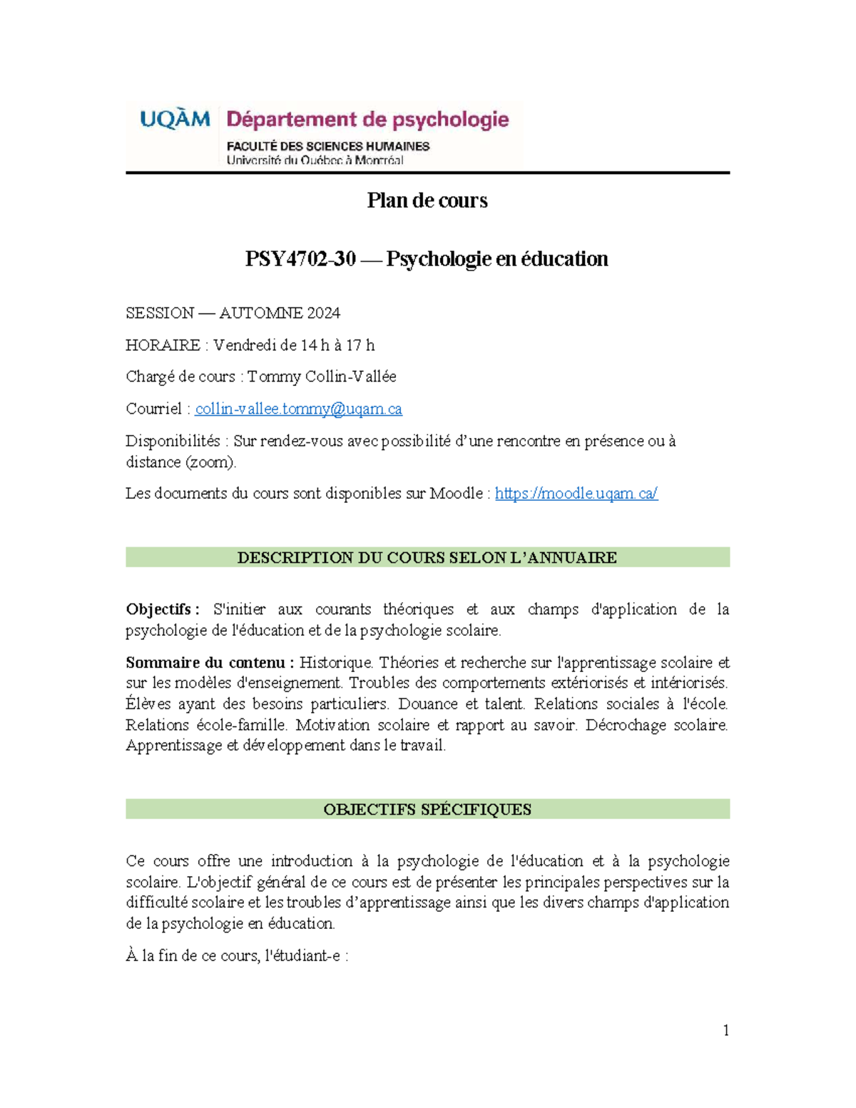 Plan de Cours PSY 101: Psychologie en Éducation - Automne 2024 - Studocu