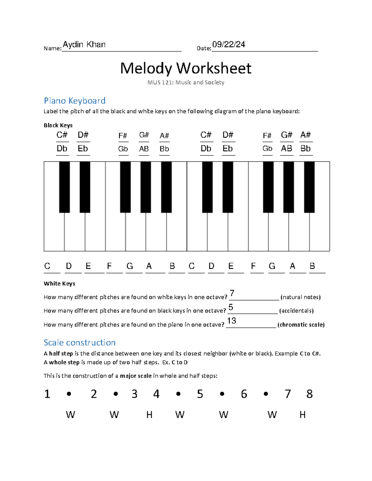 MUS 121 Melody Worksheet: Piano Scale Construction and Songs - Studocu
