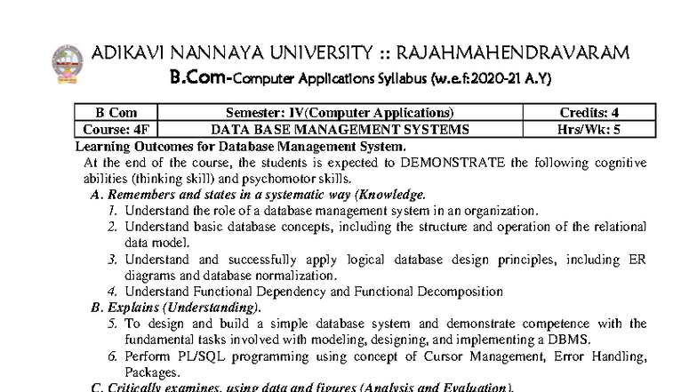 B. Com - CA 4F Database Management Systems Syllabus Overview - Studocu