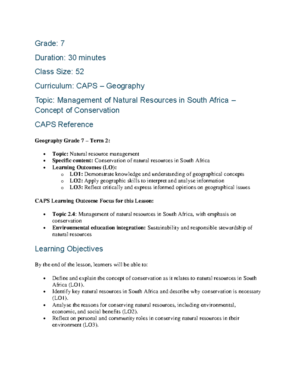 CAPS Geography Grade 7 Lesson Plan: Conservation of Natural Resources ...